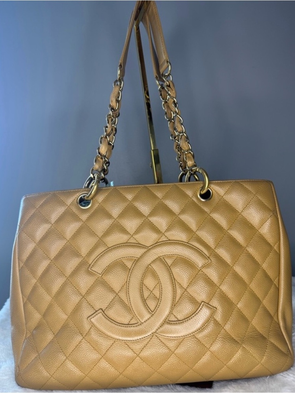 CHANEL Quilted Caviar Leather Beige Shopping Tote